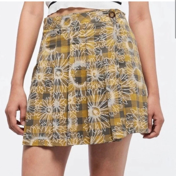 Urban Outfitters | Boho Academia Pleated Plaid Floral Mini Wrap Front Skirt (M) - Picture 1 of 4